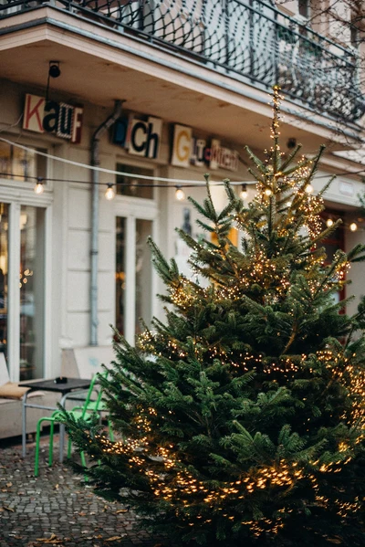 Verlichte kerstboom voor een winkel