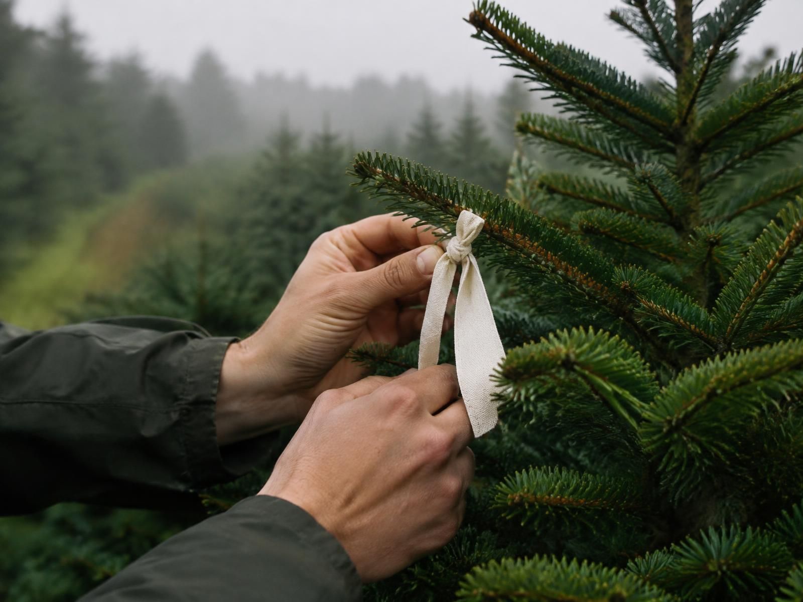 Een kerstboom wordt gemarkeerd met een lint als uitverkoren boom voor The Twenty One